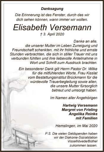 Traueranzeige von Elisabeth Versemann von SYK