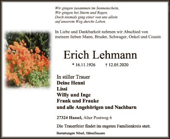 Traueranzeige von Erich Lehmann von SYK