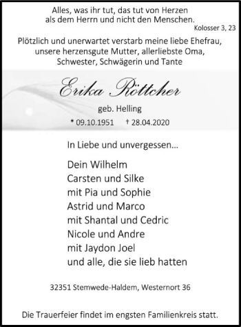 Traueranzeige von Erika Röttcher von SYK