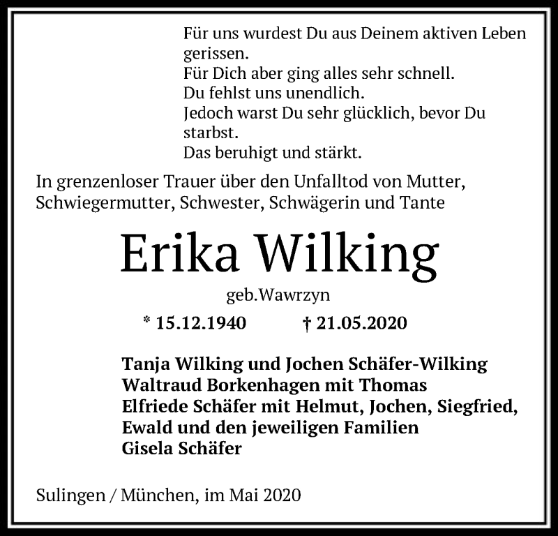  Traueranzeige für Erika Wilking vom 26.05.2020 aus SYK