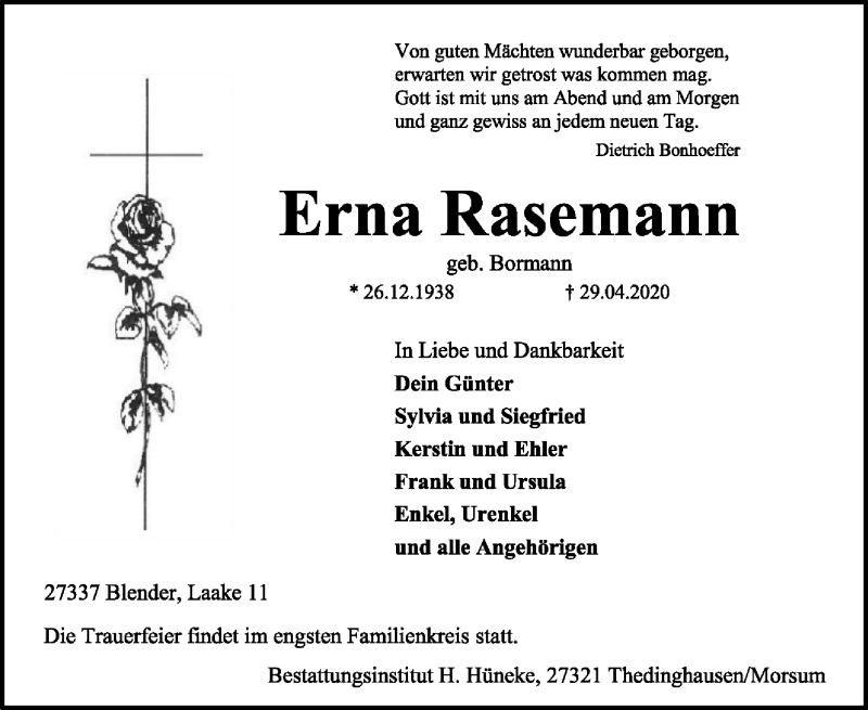 Traueranzeige für Erna Rasemann vom 05.05.2020 aus SYK
