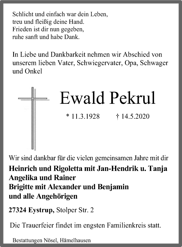  Traueranzeige für Ewald Pekrul vom 20.05.2020 aus SYK