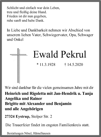 Traueranzeige von Ewald Pekrul von SYK