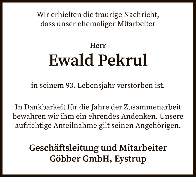 Traueranzeige für Ewald Pekrul vom 22.05.2020 aus SYK