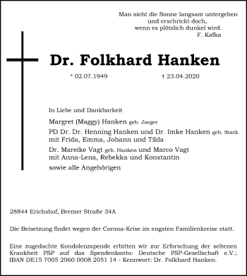 Traueranzeige von Folkhard Hanken von SYK