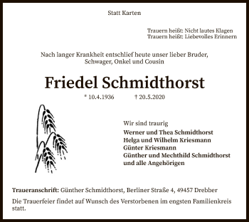 Traueranzeige von Friedel Schmidthorst von SYK