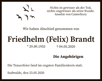 Traueranzeige von Friedhelm Brandt von SYK