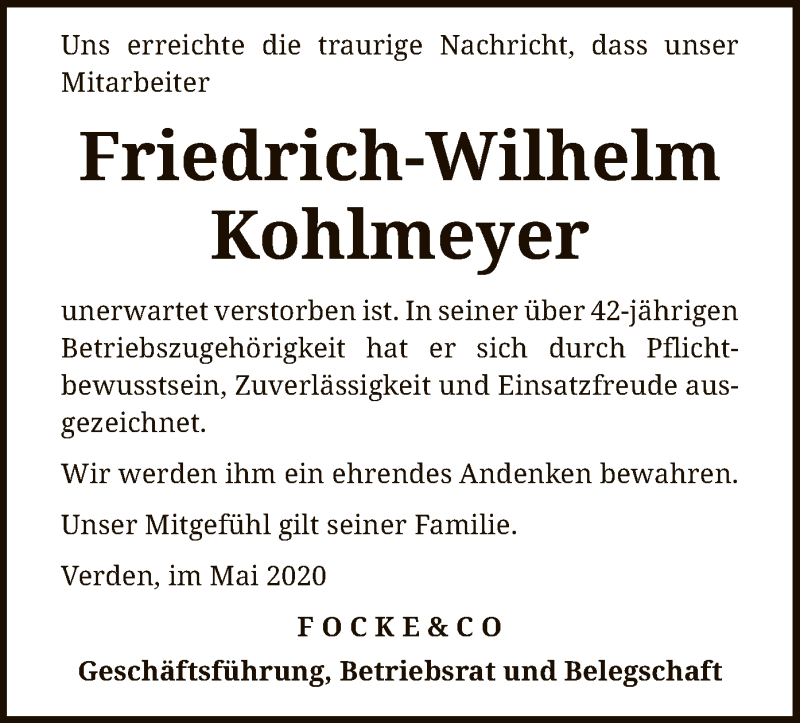  Traueranzeige für Friedrich-Wilhelm Kohlmeyer vom 26.05.2020 aus SYK