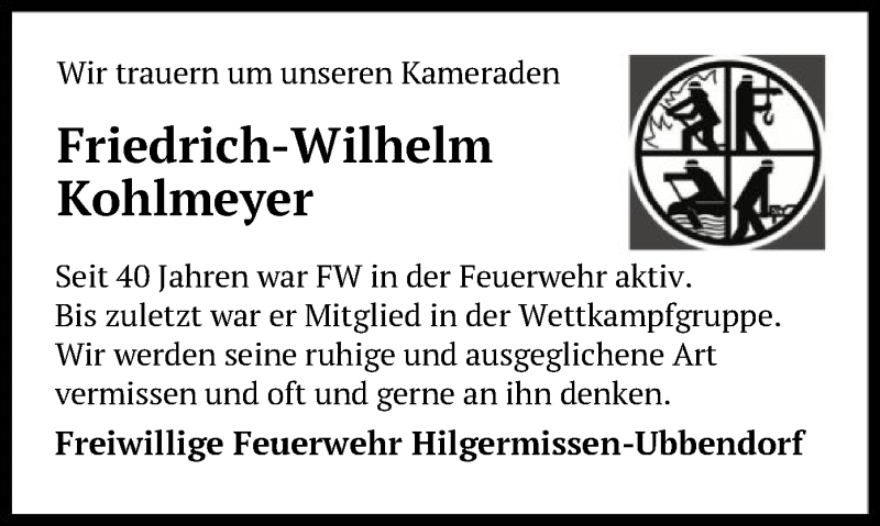  Traueranzeige für Friedrich-Wilhelm Kohlmeyer vom 26.05.2020 aus SYK