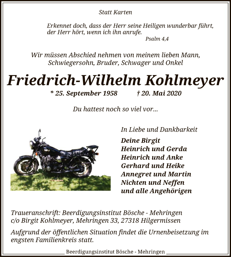  Traueranzeige für Friedrich-Wilhelm Kohlmeyer vom 23.05.2020 aus SYK