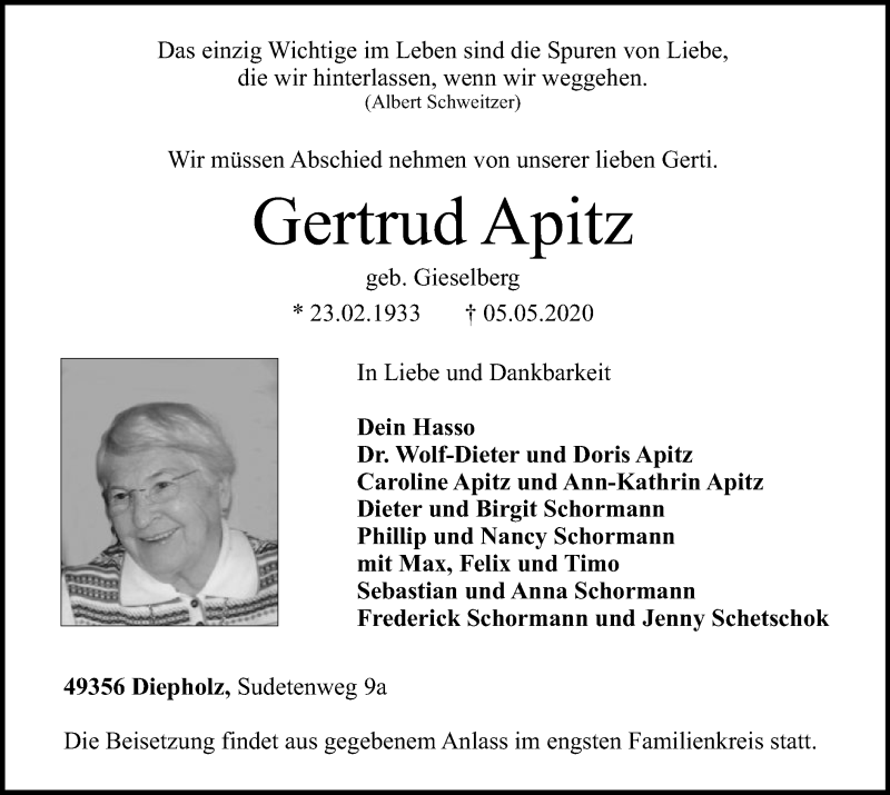  Traueranzeige für Gertrud Apitz vom 09.05.2020 aus SYK