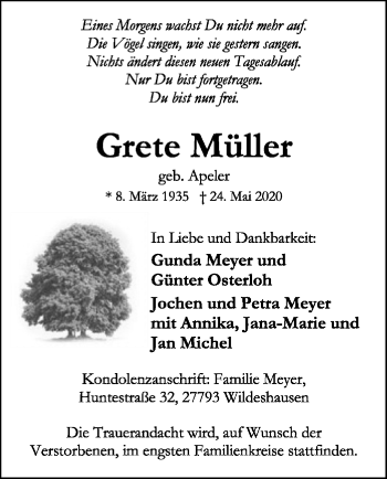 Traueranzeige von Grete Müller von SYK