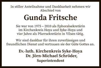 Traueranzeige von Gunda Fritsche von SYK