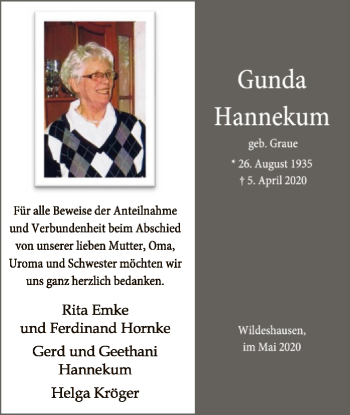 Traueranzeige von Gunda Hannekum von SYK