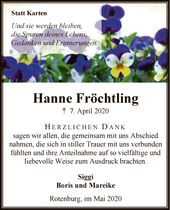 Traueranzeige von Hanne Fröchtling von SYK