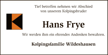 Traueranzeige von Hans Frye von SYK