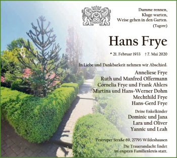 Traueranzeige von Hans Frye von SYK