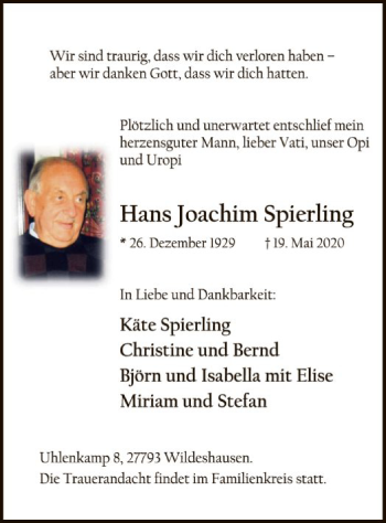 Traueranzeige von Hans Joachim Spierling von SYK