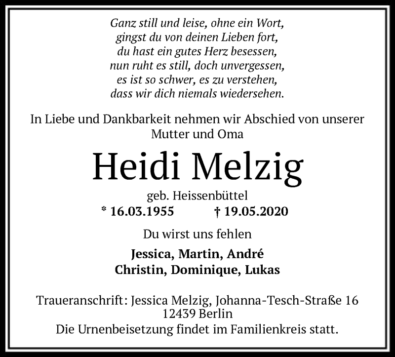  Traueranzeige für Heidi Melzig vom 25.05.2020 aus SYK