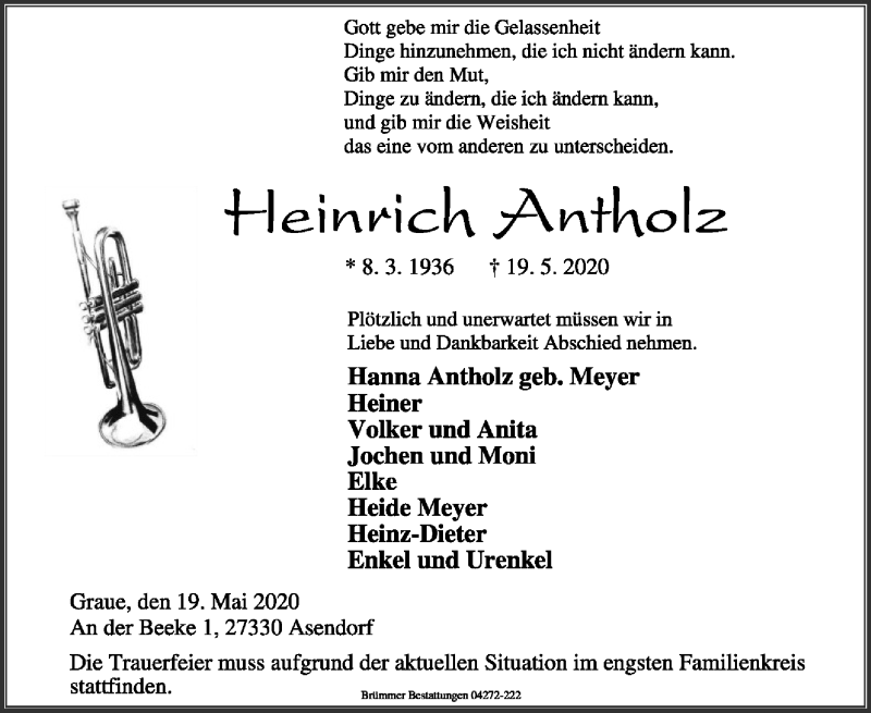  Traueranzeige für Heinrich Antholz vom 23.05.2020 aus SYK