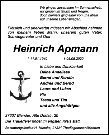 Traueranzeige von Heinrich Apmann von SYK