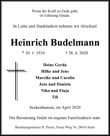 Traueranzeige von Heinrich Budelmann von SYK