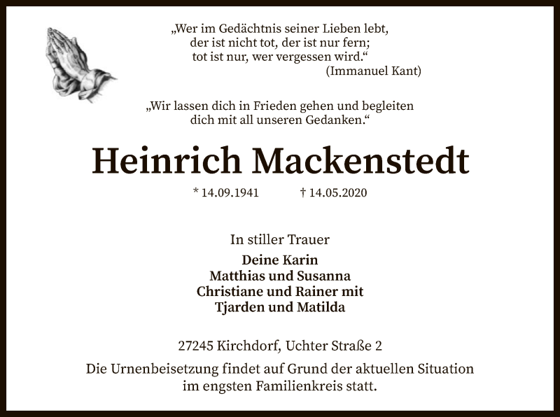  Traueranzeige für Heinrich Mackenstedt vom 20.05.2020 aus SYK