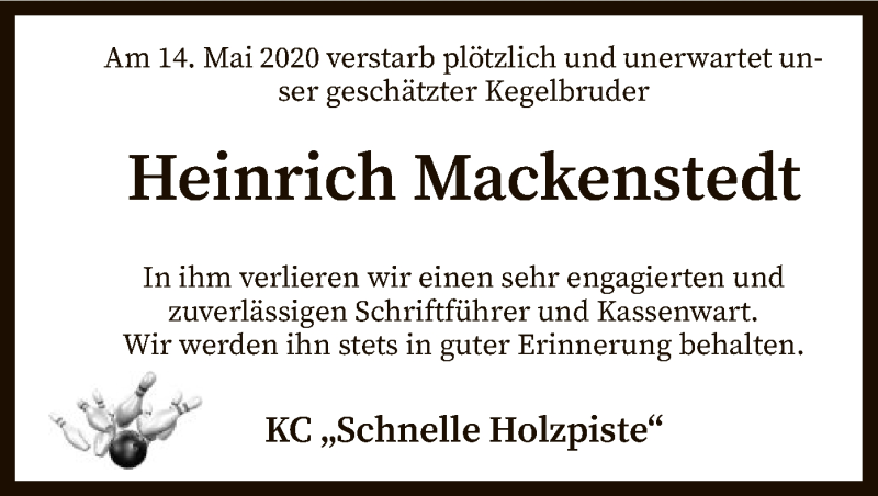  Traueranzeige für Heinrich Mackenstedt vom 20.05.2020 aus SYK