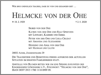 Traueranzeige von Helmcke von der Ohe von SYK