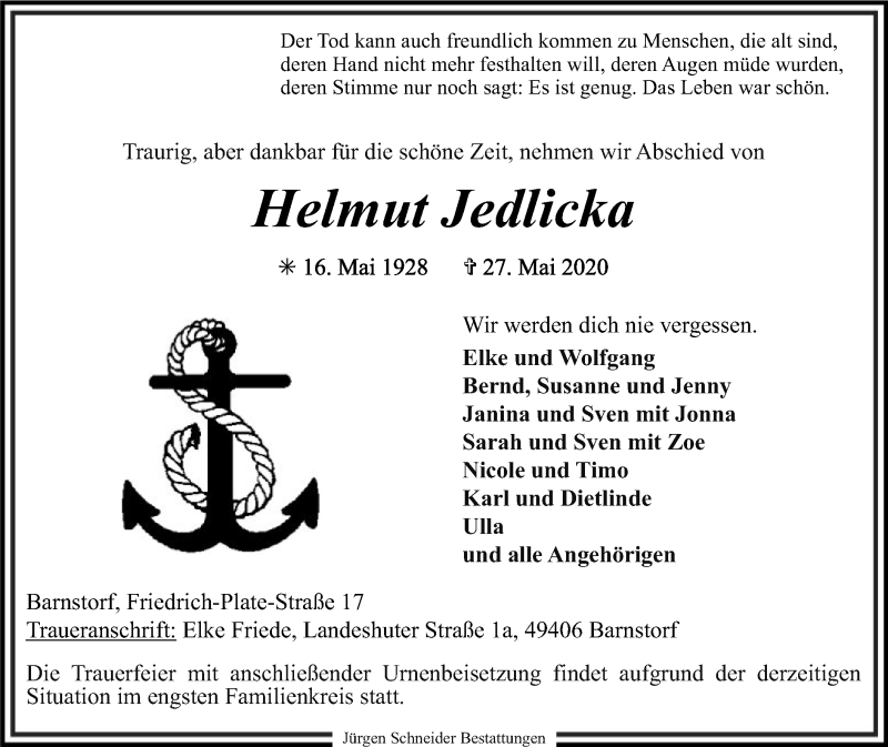  Traueranzeige für Helmut Jedlicka vom 30.05.2020 aus SYK