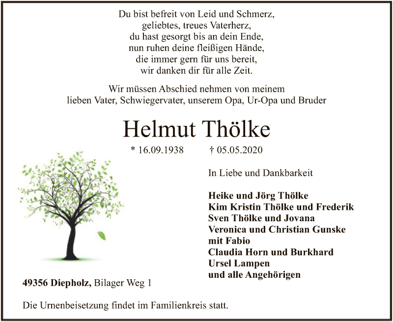  Traueranzeige für Helmut Thölke vom 09.05.2020 aus SYK