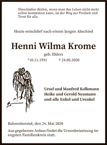 Traueranzeige von Henni Wilma Krome von SYK