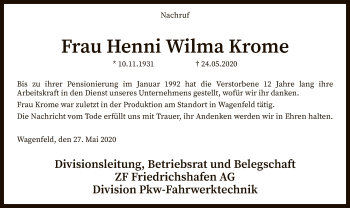 Traueranzeige von Henni Wilma Krome von SYK