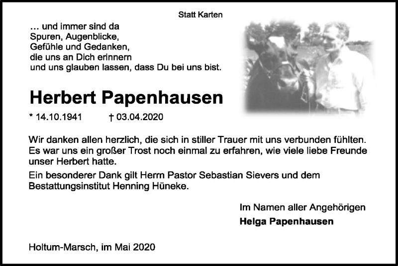  Traueranzeige für Herbert Papenhausen vom 30.05.2020 aus SYK