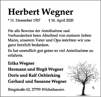 Traueranzeige von Herbert Wegner von SYK