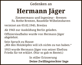 Traueranzeige von Hermann Jäger von SYK