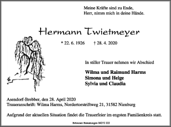 Traueranzeige von Hermann Twietmeyer von SYK