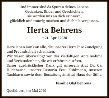 Traueranzeige von Herta Behrens von SYK