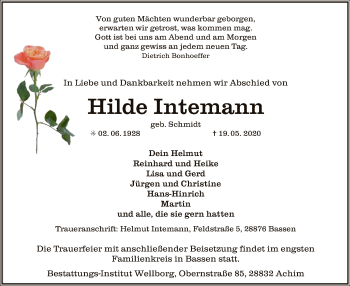 Traueranzeige von Hilde Intemann von SYK