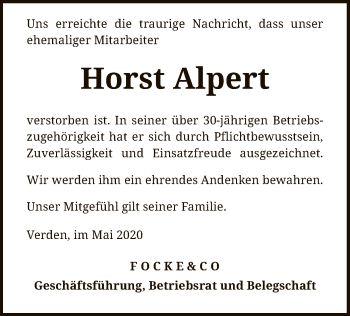 Traueranzeige von Horst Alpert von SYK