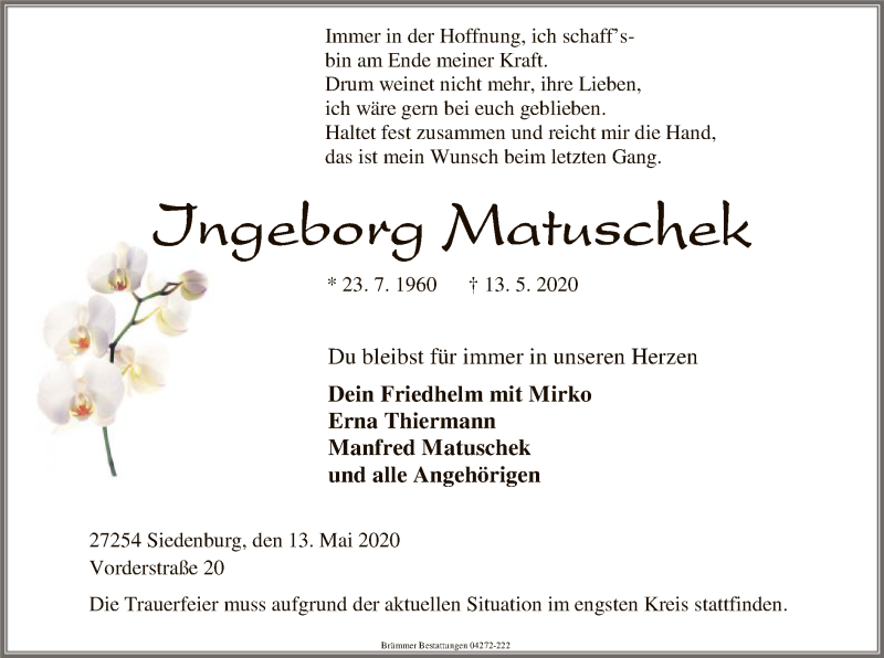  Traueranzeige für Ingeborg Matuschek vom 19.05.2020 aus SYK