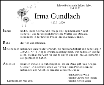 Traueranzeige von Irma Gundlach von SYK