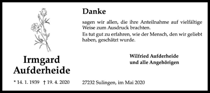  Traueranzeige für Irmgard Aufderheide vom 30.05.2020 aus SYK