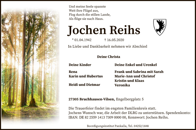  Traueranzeige für Jochen Reihs vom 19.05.2020 aus SYK