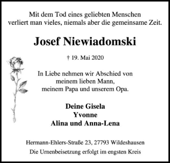 Traueranzeige von Josef Niewiadomski von SYK