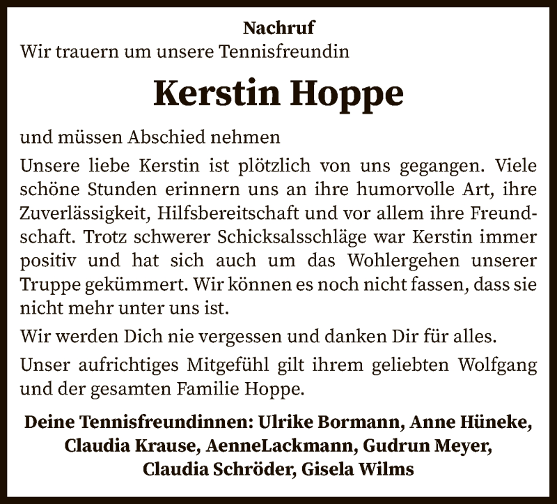  Traueranzeige für Kerstin Hoppe vom 30.05.2020 aus SYK