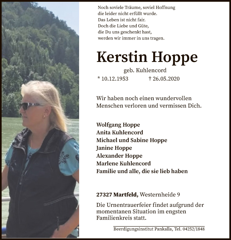  Traueranzeige für Kerstin Hoppe vom 29.05.2020 aus SYK