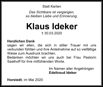 Traueranzeige von Klaus Ideker von SYK