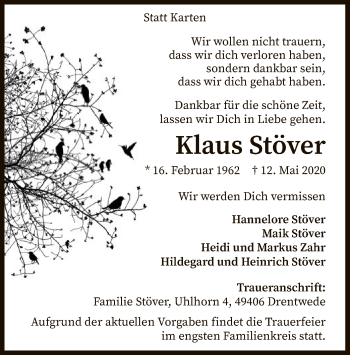 Traueranzeige von Klaus Stöver von SYK