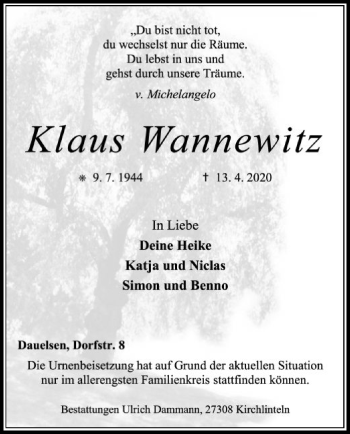 Traueranzeige von Klaus Wannewitz von SYK